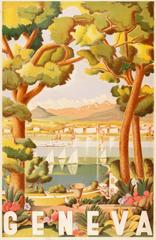 Vintage Original 1936 Travel Advertising Poster–Sailing Boats On Lake Geneva Switzerland