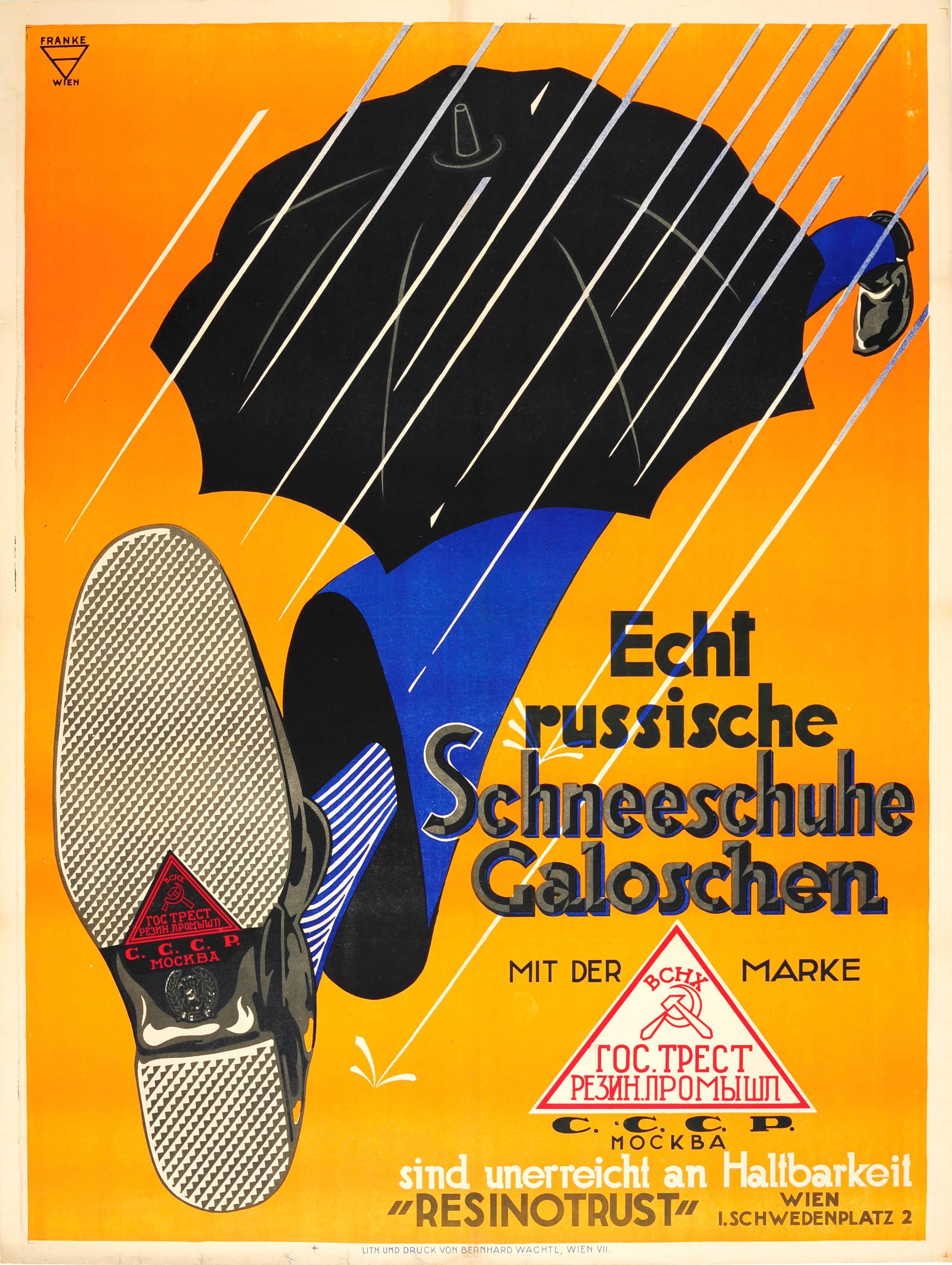 Print Ernst Ludwig Franke - Affiche publicitaire autrichienne originale des années 1920 pour les fers à repasser en caoutchouc Resinotrust de l'URSS