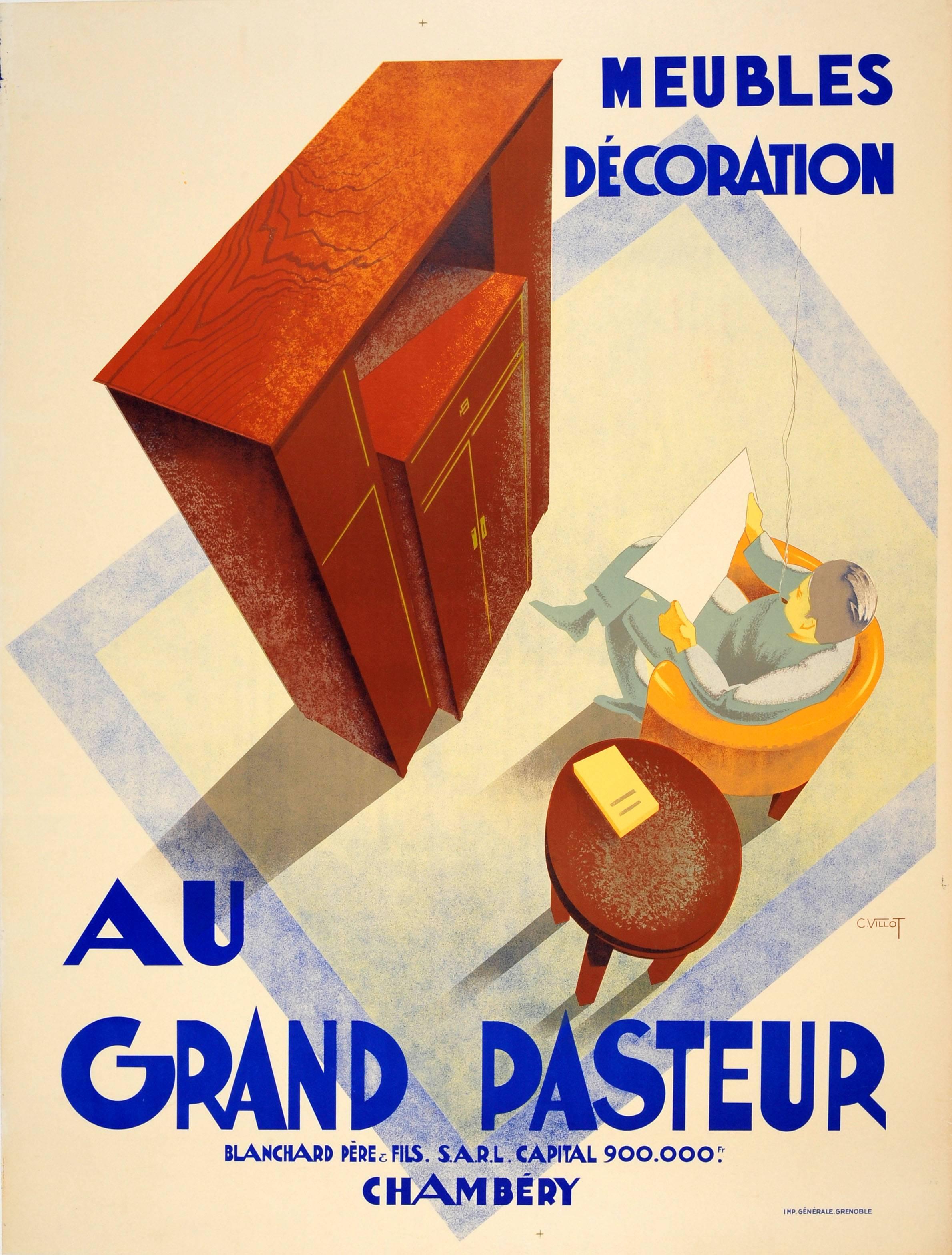 C. Villot Print - Large Original 1920s Art Deco Furniture Advertising Poster For Grand Pasteur