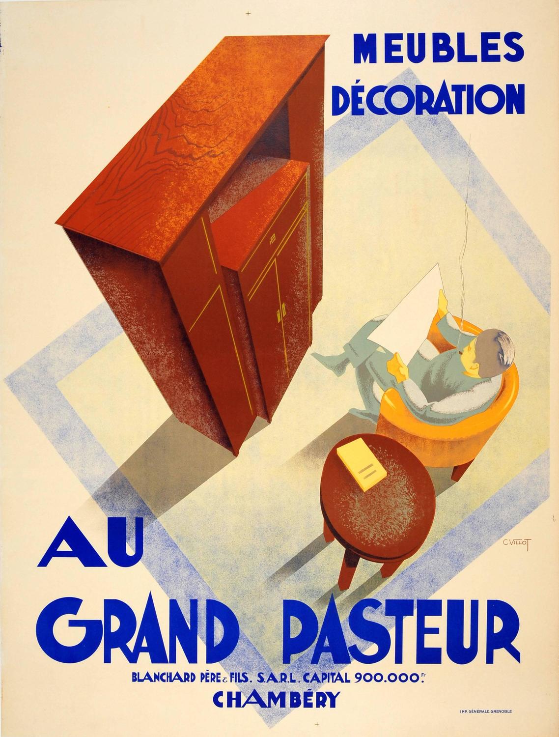 Large Original 1920s Art Deco Furniture Advertising Poster For Grand Pasteur Large Original 1920s Art Deco Furniture Advertising Poster For Grand Pasteur