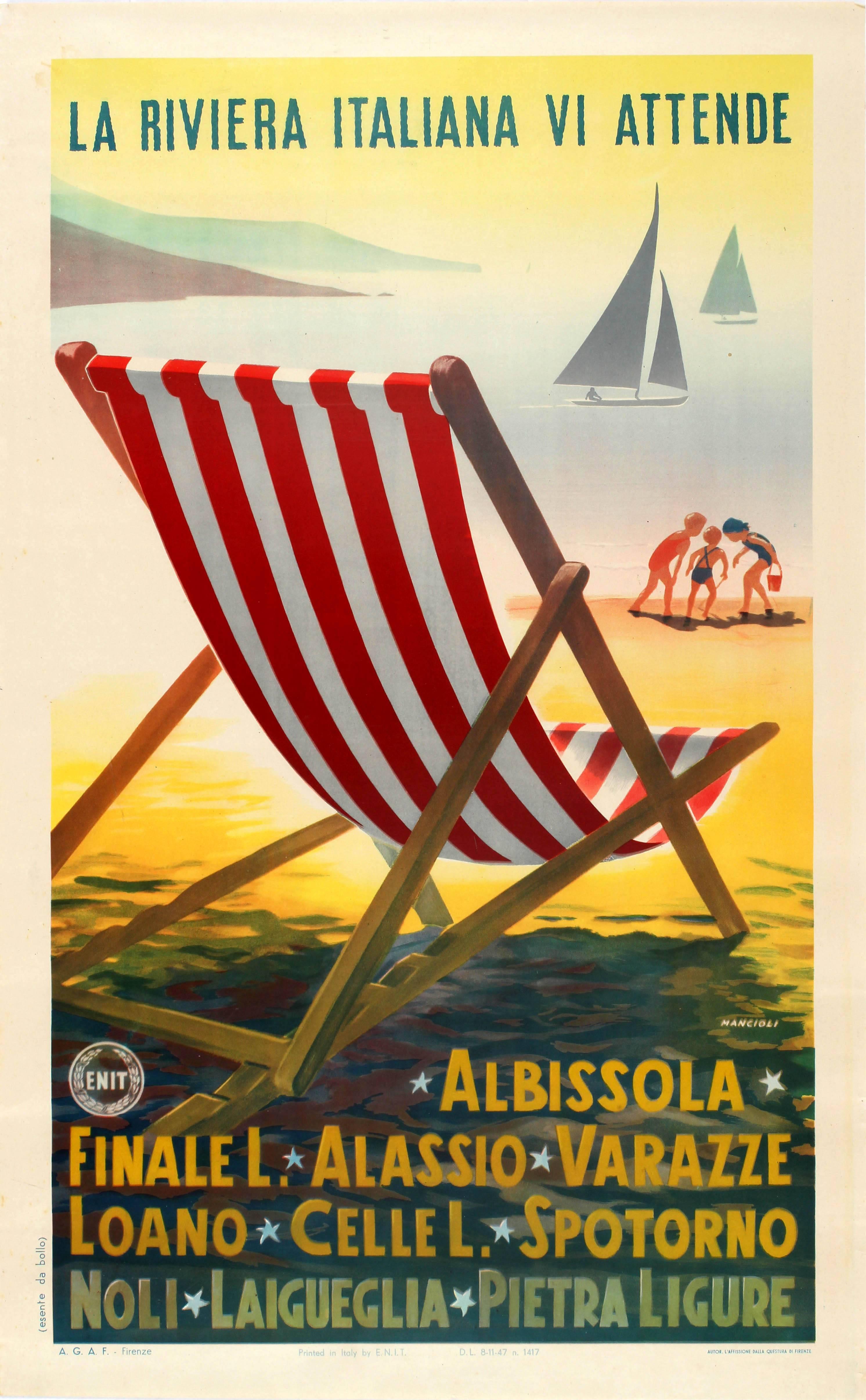 Unknown Print - Original Vintage ENIT Travel Advertising Poster - The Italian Riviera Awaits You
