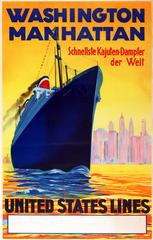 Vintage Original 1930s United States Lines Cruise Ship Poster: Washington - Manhattan