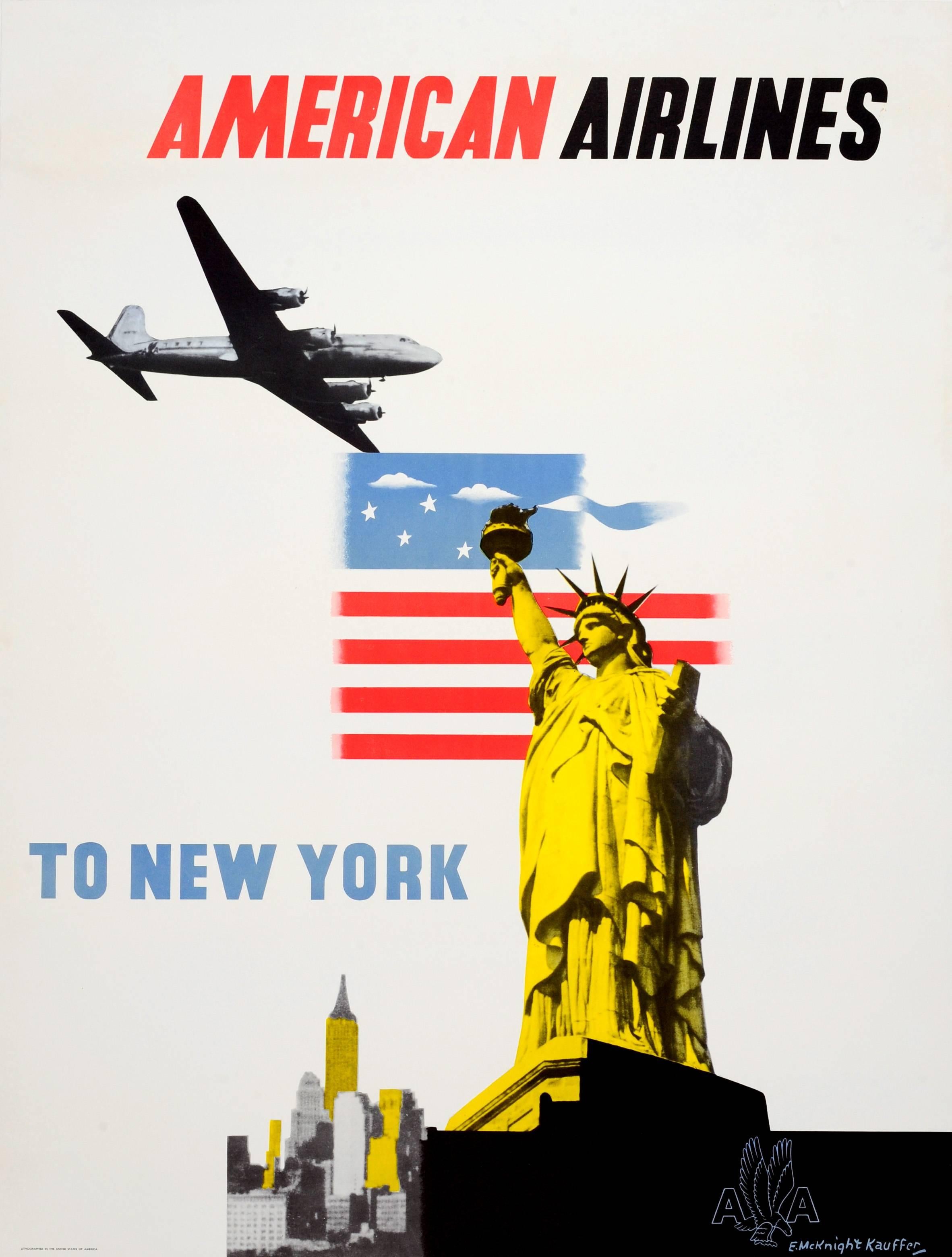 Edward McKnight Kauffer Print - Original Vintage Travel Poster By Kauffer Advertising American Airlines New York