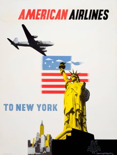 Original Vintage Reiseplakat von Kauffer Werbung für American Airlines New York