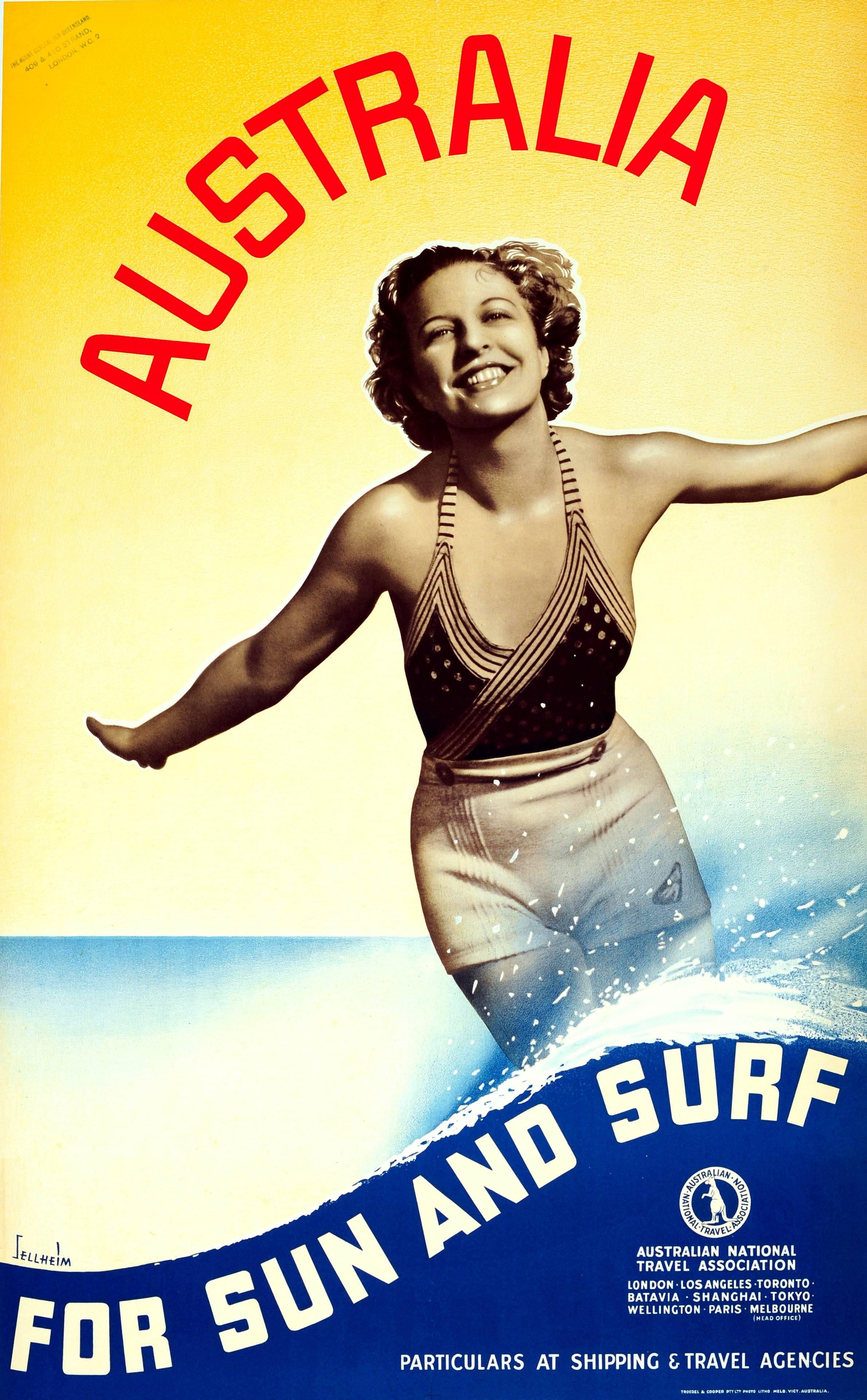 Gert Hugo Emmanuel Sellheim Print – Original Vintage Poster aus den 1930er Jahren - Australien für Sonne und Surfen