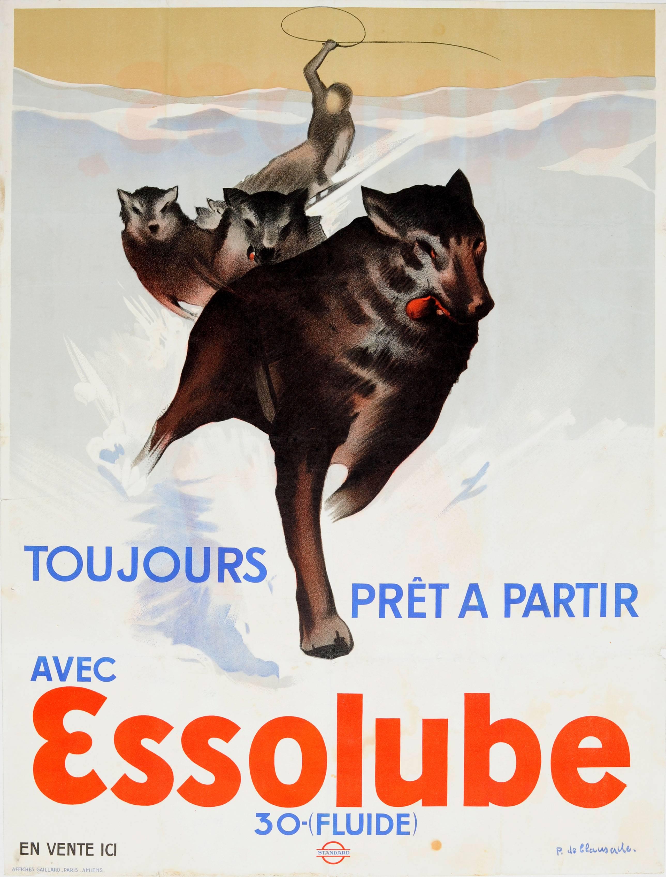 Original Vintage 1930s Advertising Poster For Essolube Engine Oil - Dog Sledge