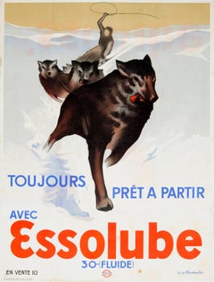 Affiche publicitaire originale des années 1930 pour l'huile de moteur Essolube - Dog Sledge