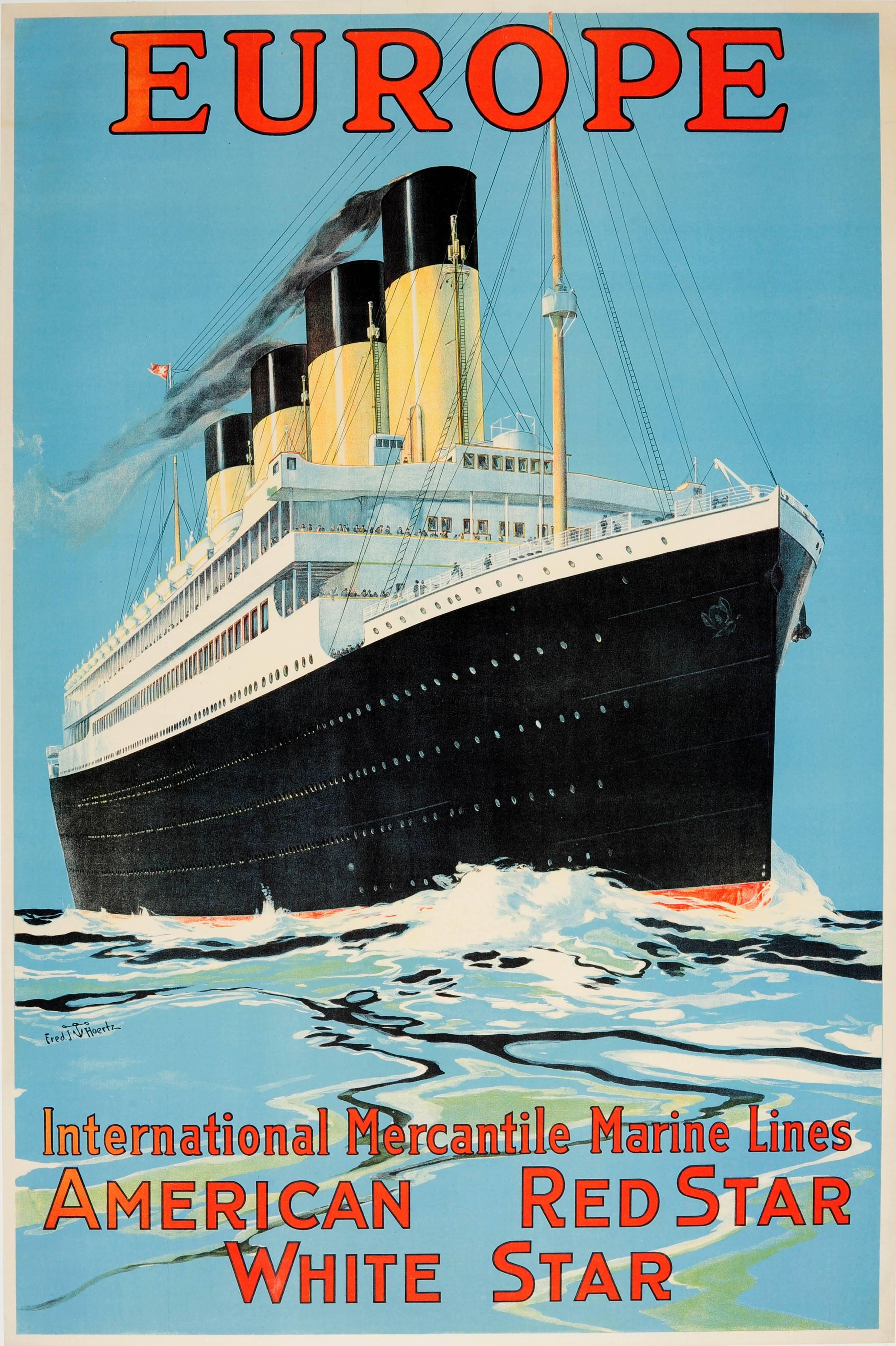 Frederick J. Hoertz Print - Original 1910s Cruise Ship Poster: Europe IMM Lines American Red Star White Star
