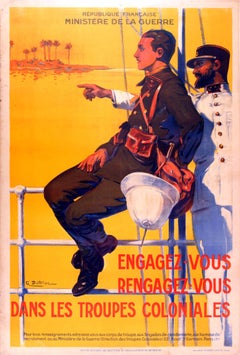Poster originale di propaganda di guerra francese degli anni '30 - Unisciti o ricongiungiti alle truppe coloniali