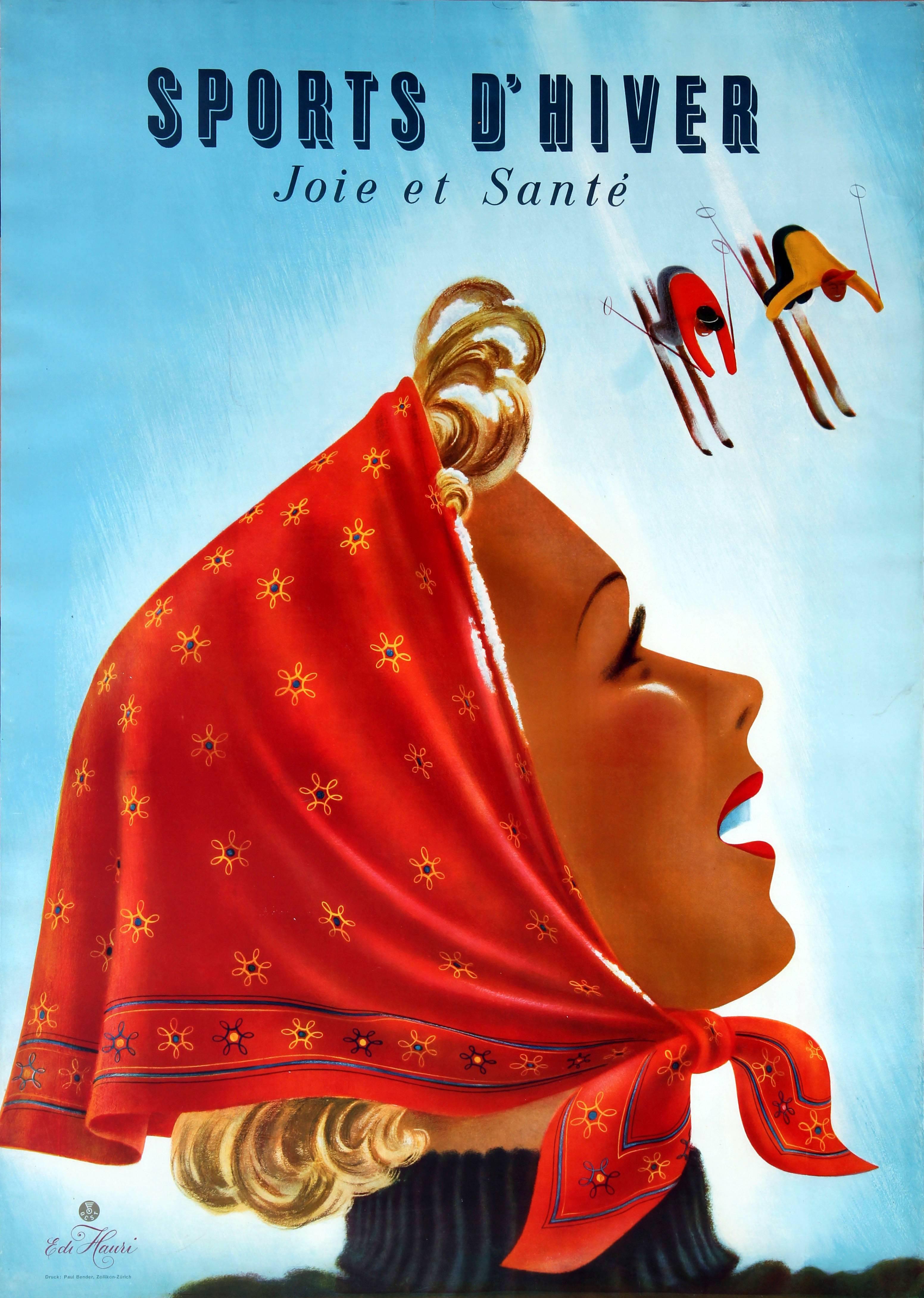 Edi Hauri Print - Original Vintage Skiing Poster: Winter Sports Happiness And Health Joie Et Sante