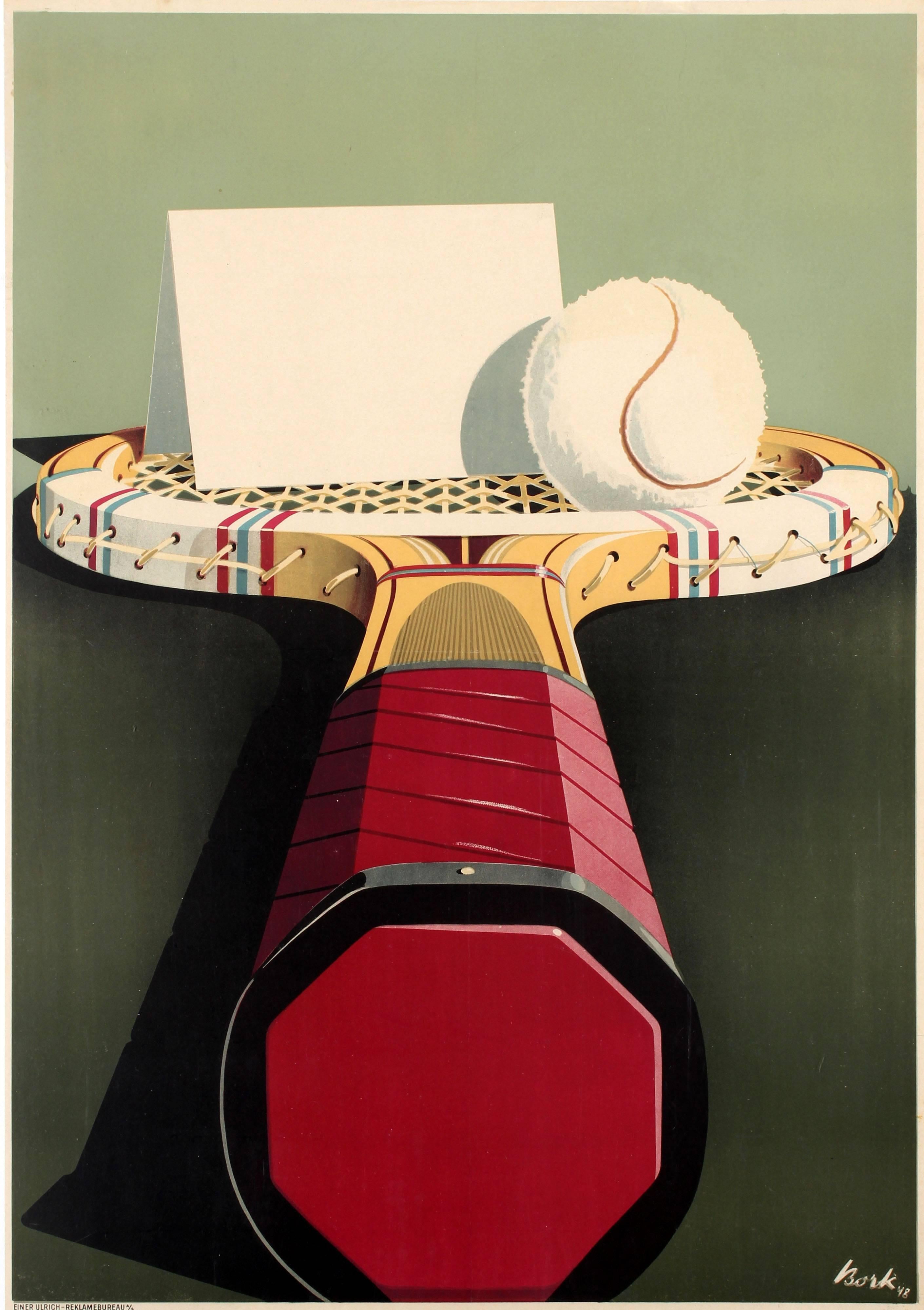 Original vintage advertising poster featuring a a tennis racket viewed from the end of the handle with a white ball and white folded card placed on the racquet strings. Printed by Einer Ulrich Reklamebureau. Einer Ulrich (1896-1969) was a Danish