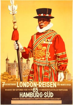 Affiche publicitaire originale de voyage vintage de 1936 pour 7 jours à Londres par Hamburg Sud