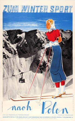 Poster di viaggio per lo sci originale d'epoca degli anni '30 che pubblicizza la Polonia per gli sport invernali