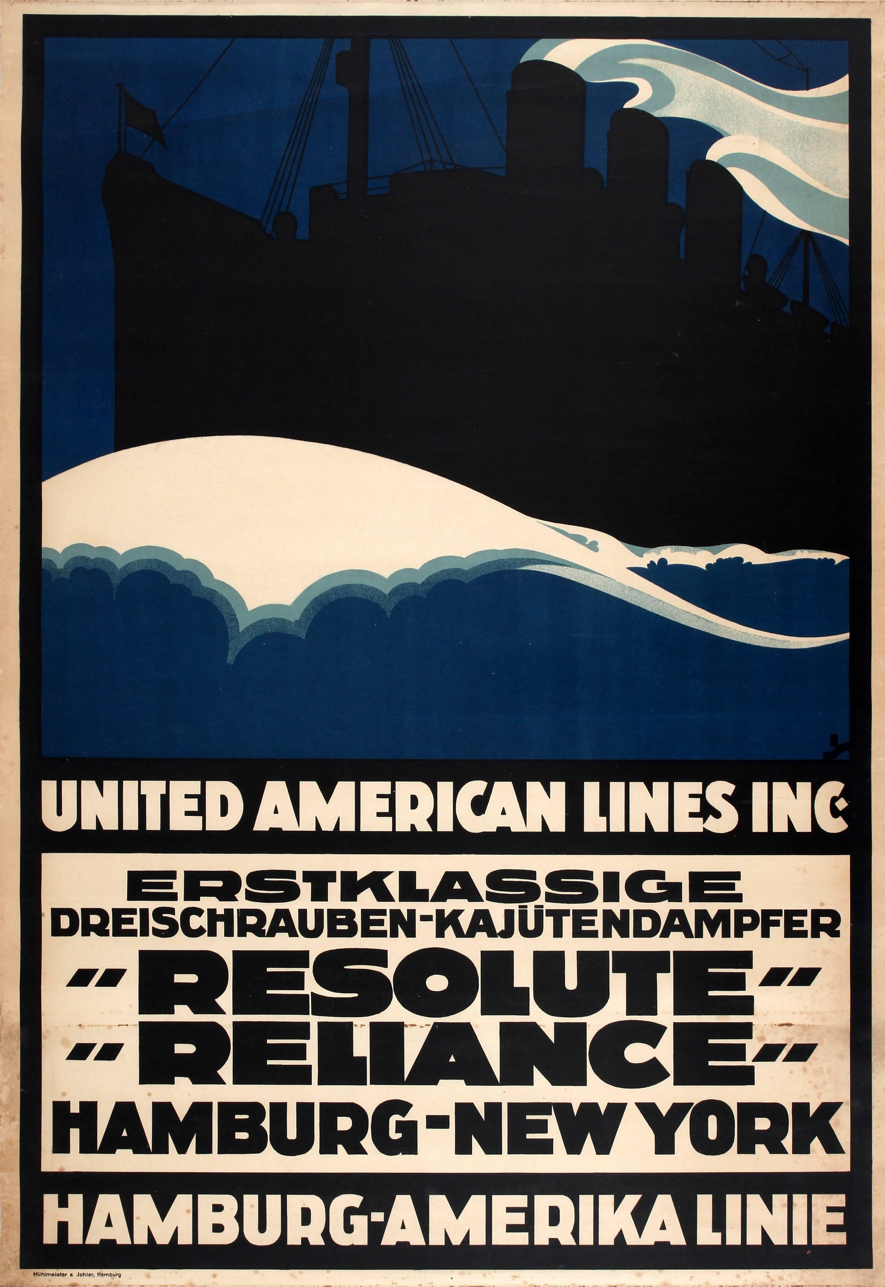 Unknown Print - Original Cruise Ship Travel Poster For Hamburg-New York By "Resolute" "Reliance"