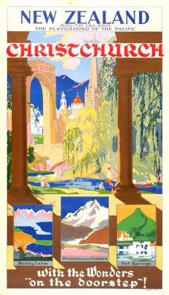 Vintage Original 1930s New Zealand Travel Poster: Playground Of The Pacific Christchurch