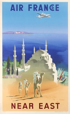 Affiche rétro originale d'Air France par J Even:: Publicité pour un voyage en Extrême-Orient