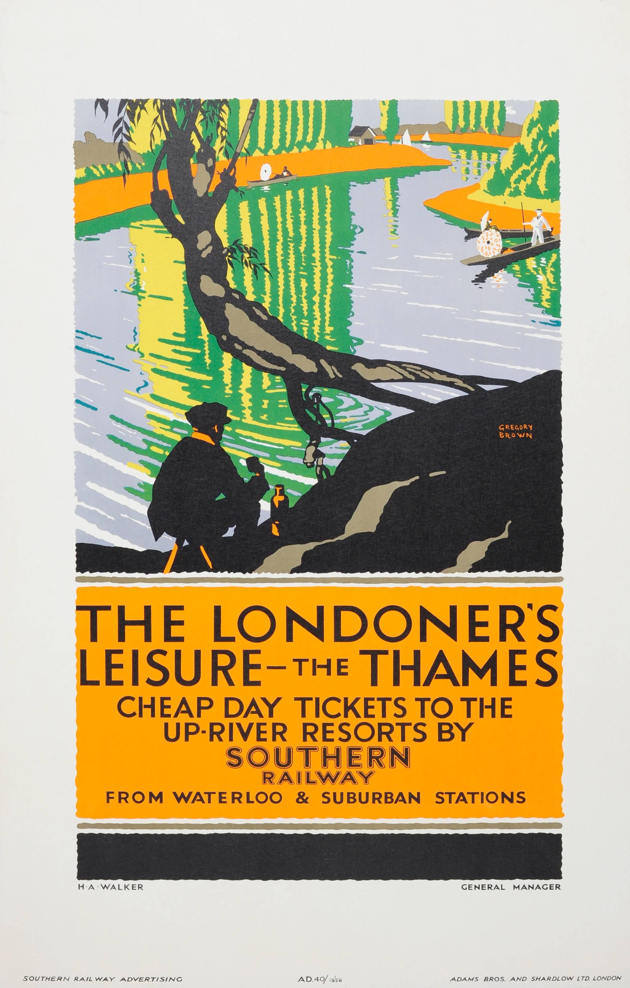 Frederic Gregory Brown Print - Original 1926 Southern Railway Poster: The Londoner's Leisure The Thames Resorts