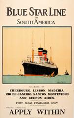 Affiche originale d'un bateau de croisière par Norman Wilkinson : Blue Star Line To South America