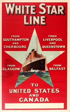 Original Vintage White Star Line Poster Advertising Cruises To USA And Canada