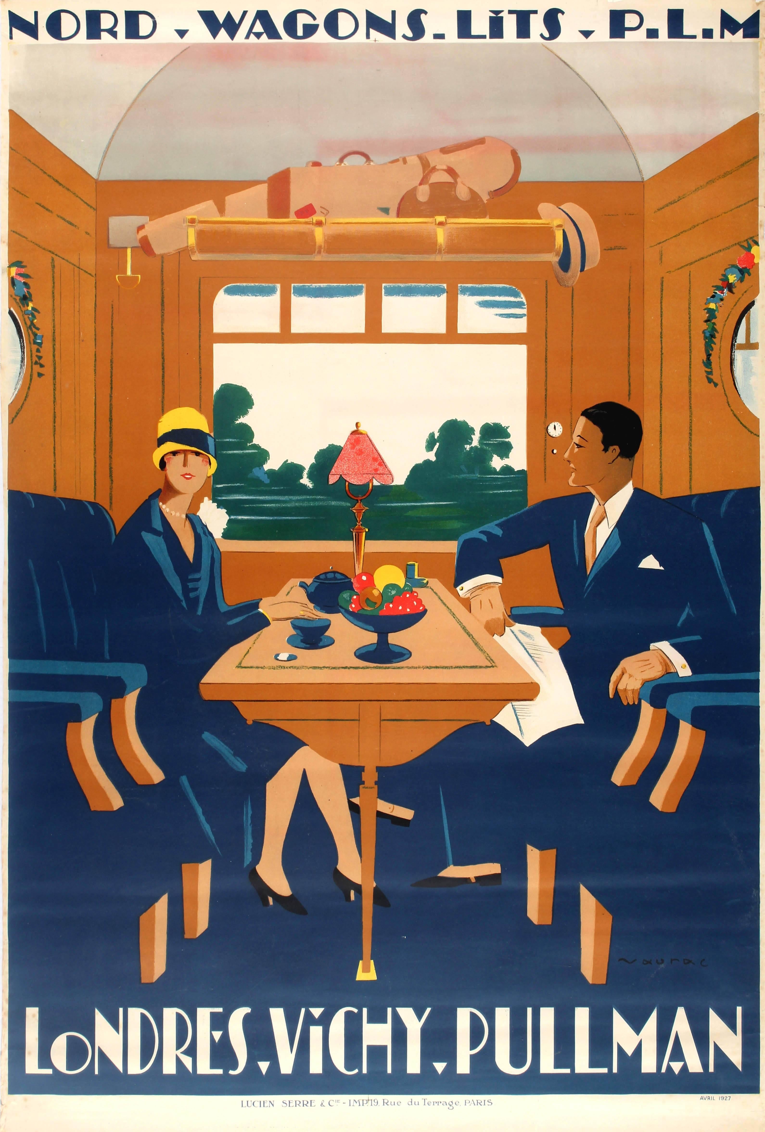 Jean- Raoul Naurac Print - Original PLM French Railway Travel Poster For Wagons Lits - London Vichy Pullman