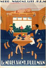 Antique Original PLM French Railway Travel Poster For Wagons Lits - London Vichy Pullman
