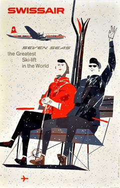 Original Retro Swissair Poster "Seven Seas the Greatest Ski Lift in the World"