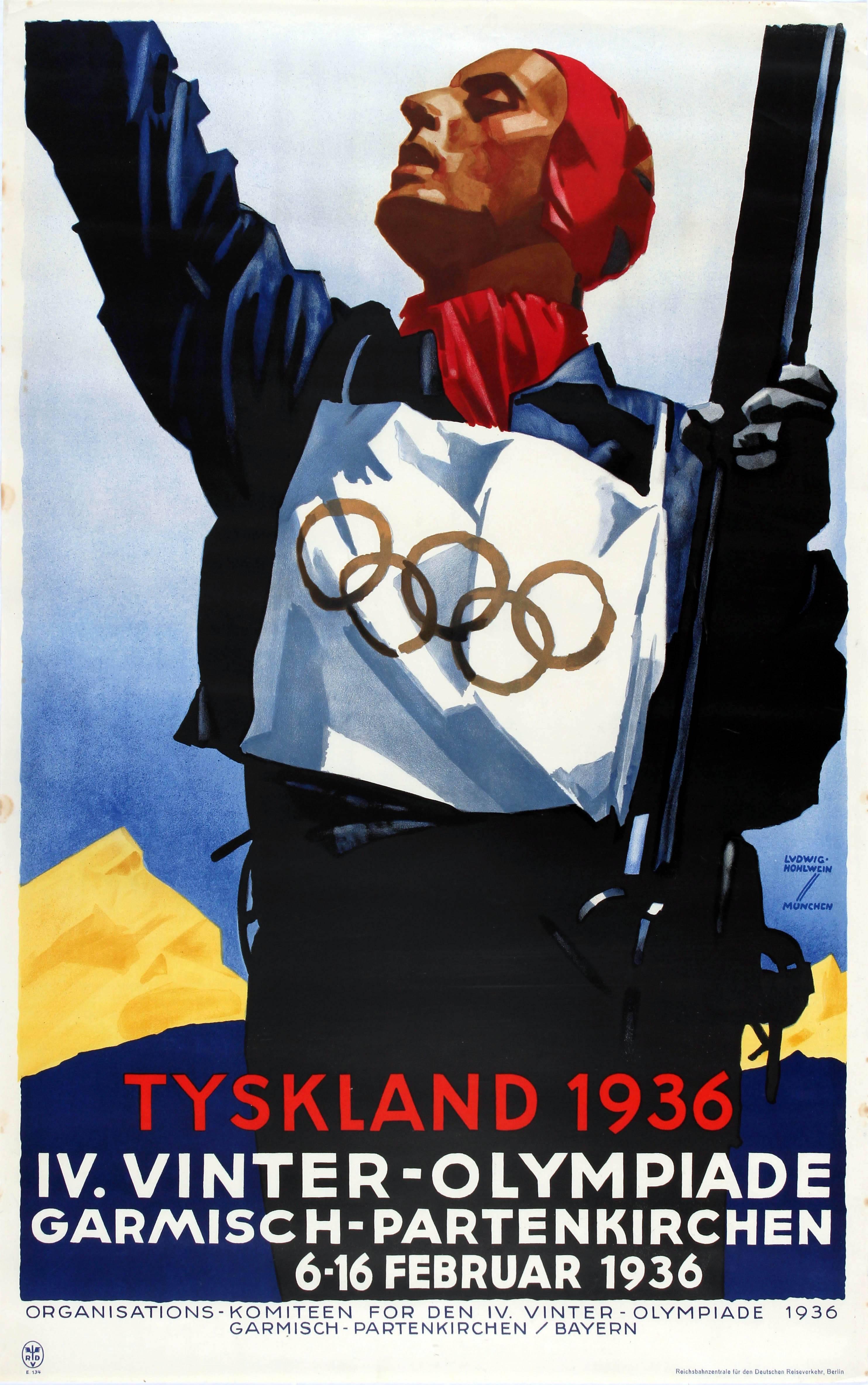 Ludwig Hohlwein Print - Original Vintage IV Winter Olympic Games Skiing Poster For Tyskland Germany 1936