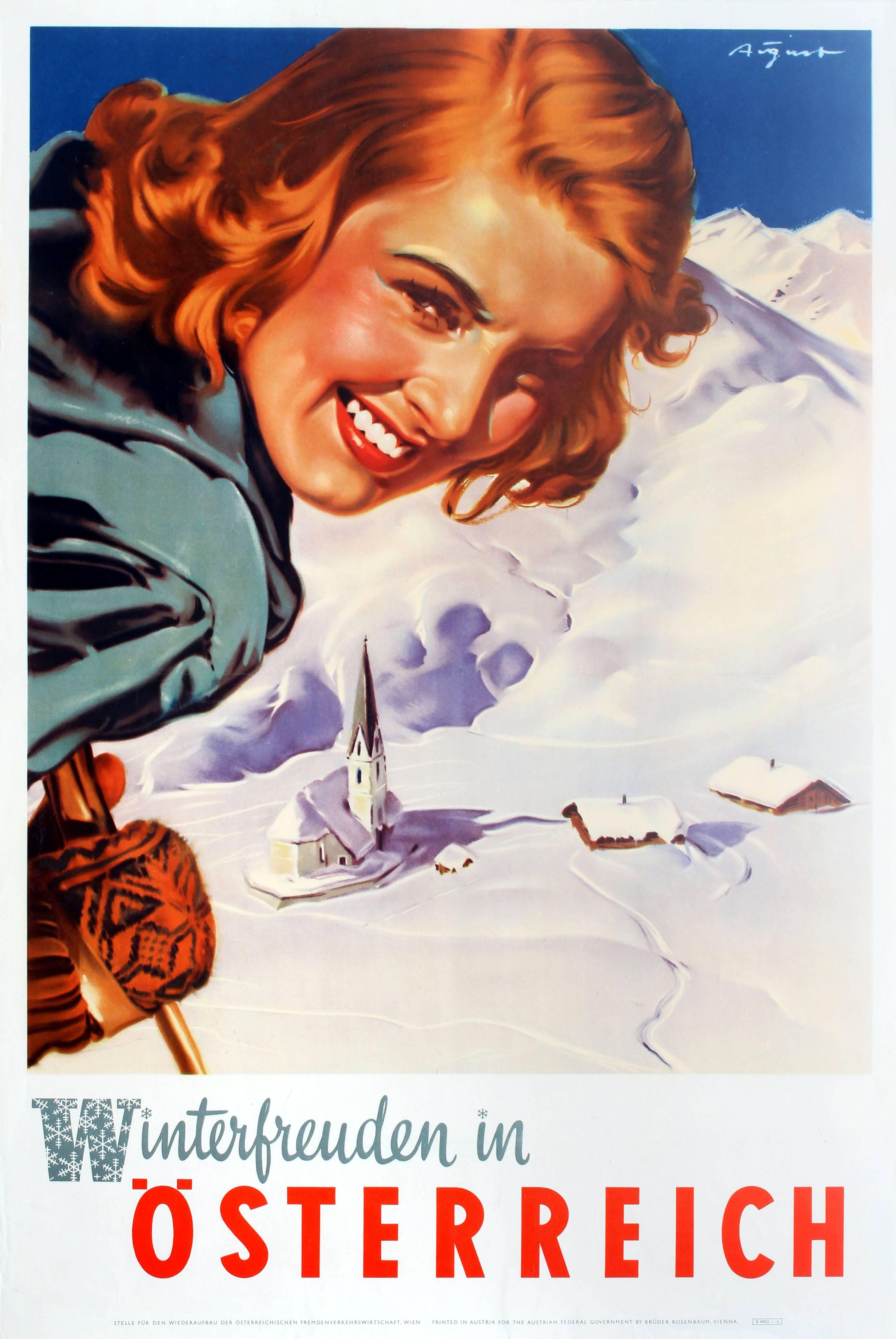Paul Aigner Print - Original Vintage Skiing Poster By Aigner: Winter Pleasures in Austria Osterreich