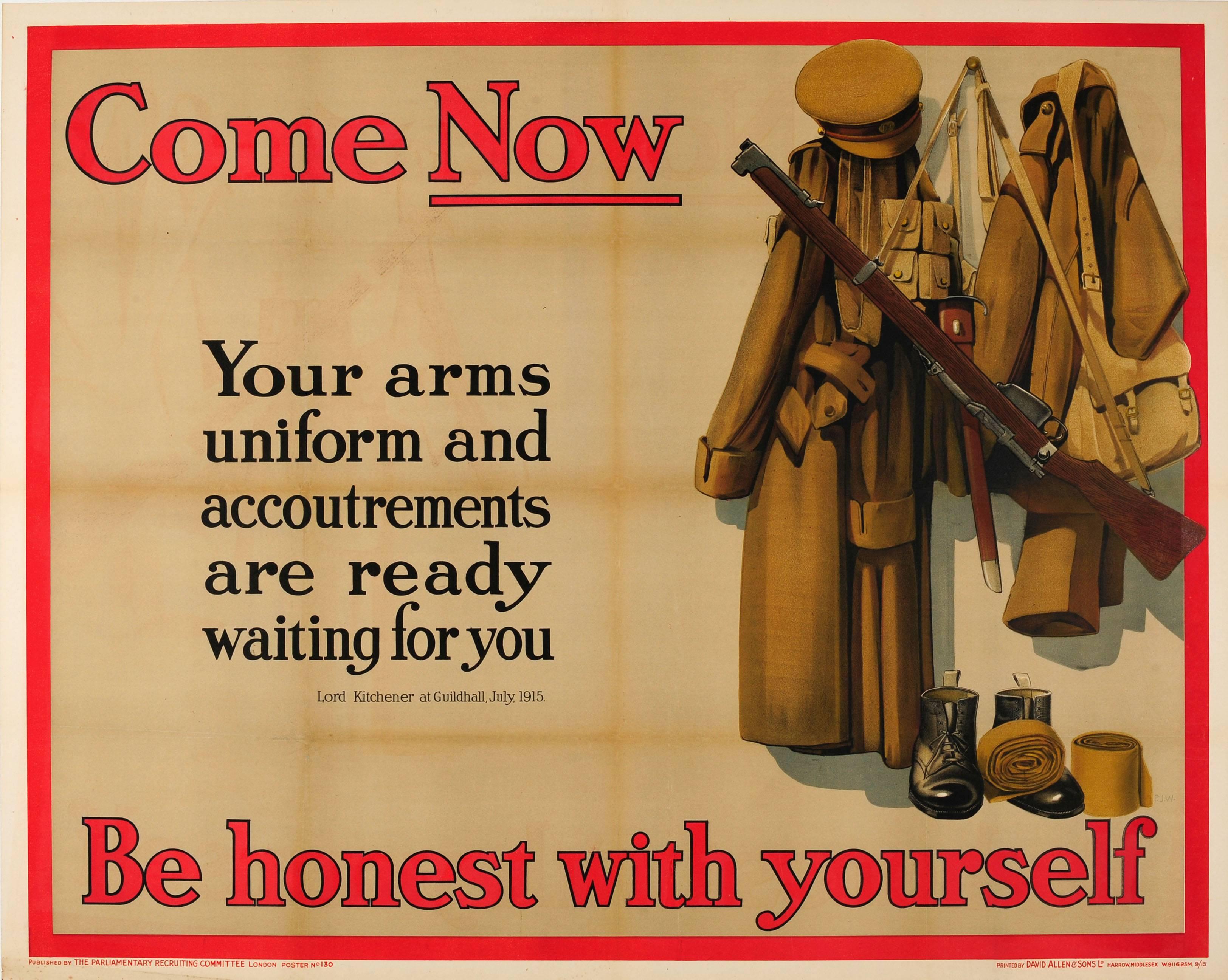Unknown Print - Original World War One Recruitment Poster: Come Now - Be Honest With Yourself