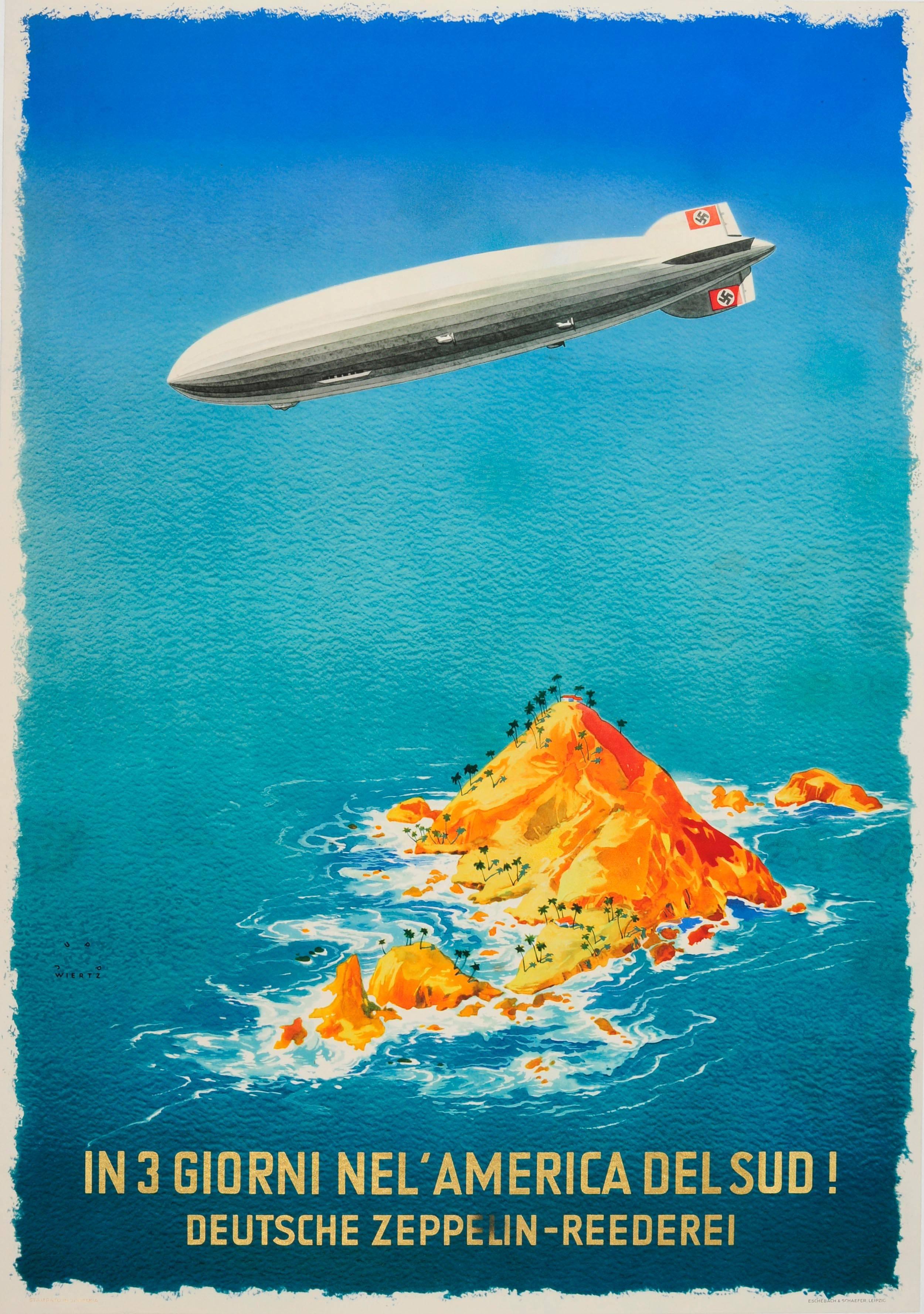 Jupp Wiertz Print - Original Vintage Zeppelin Travel Advertising Poster: In 3 Days To South America!