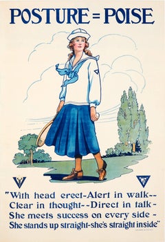 Original Vintage YWCA Motivational Health Poster Posture Poise Featuring Tennis