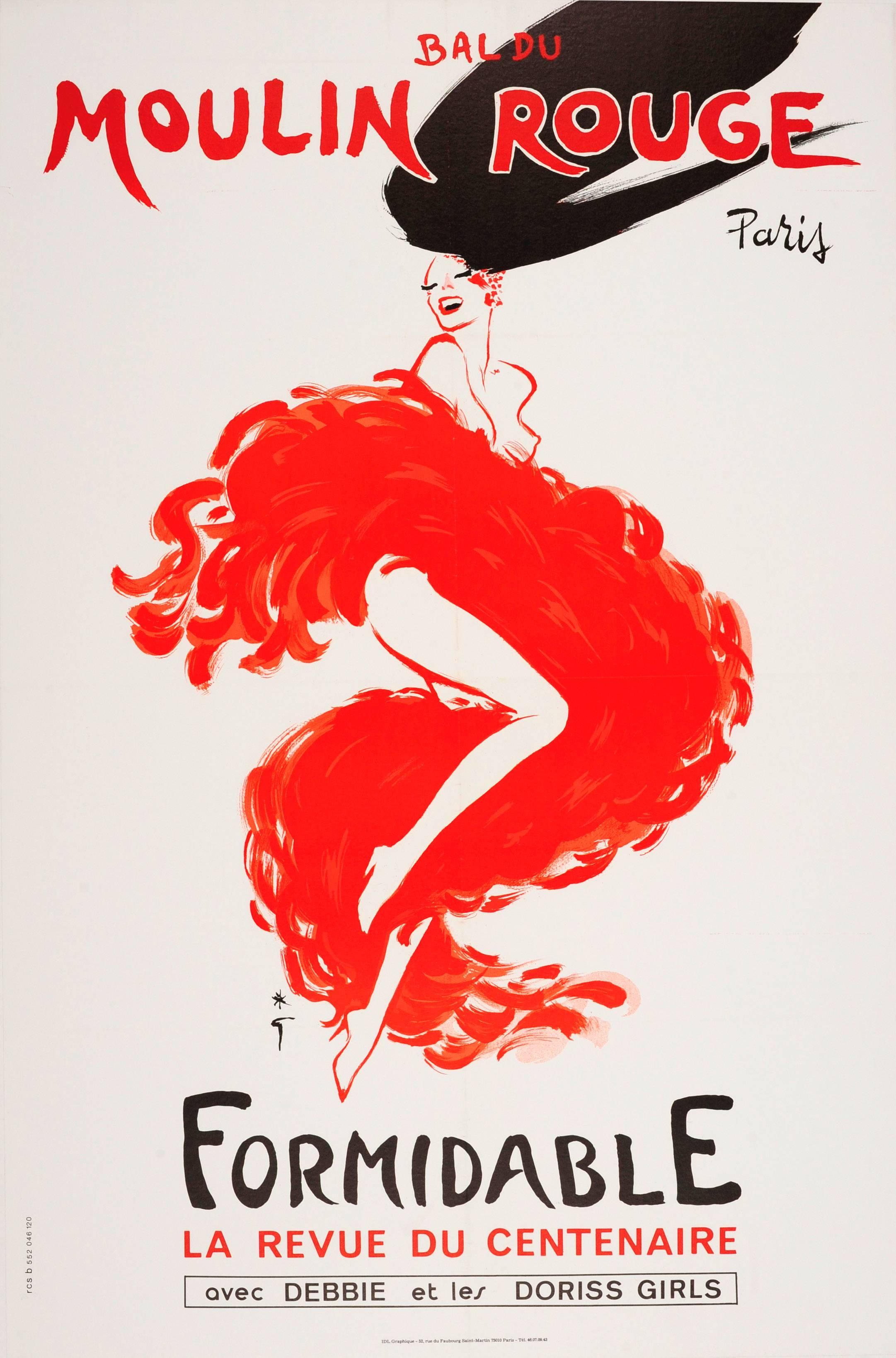 Affiche publicitaire originale vintage française pour le célèbre spectacle de cabaret de Paris : Le Bal du Moulin Rouge Paris Formidable - La Revue du Centenaire avec Debbie et les Doriss Girls. Image colorée pour promouvoir le 100e anniversaire de
