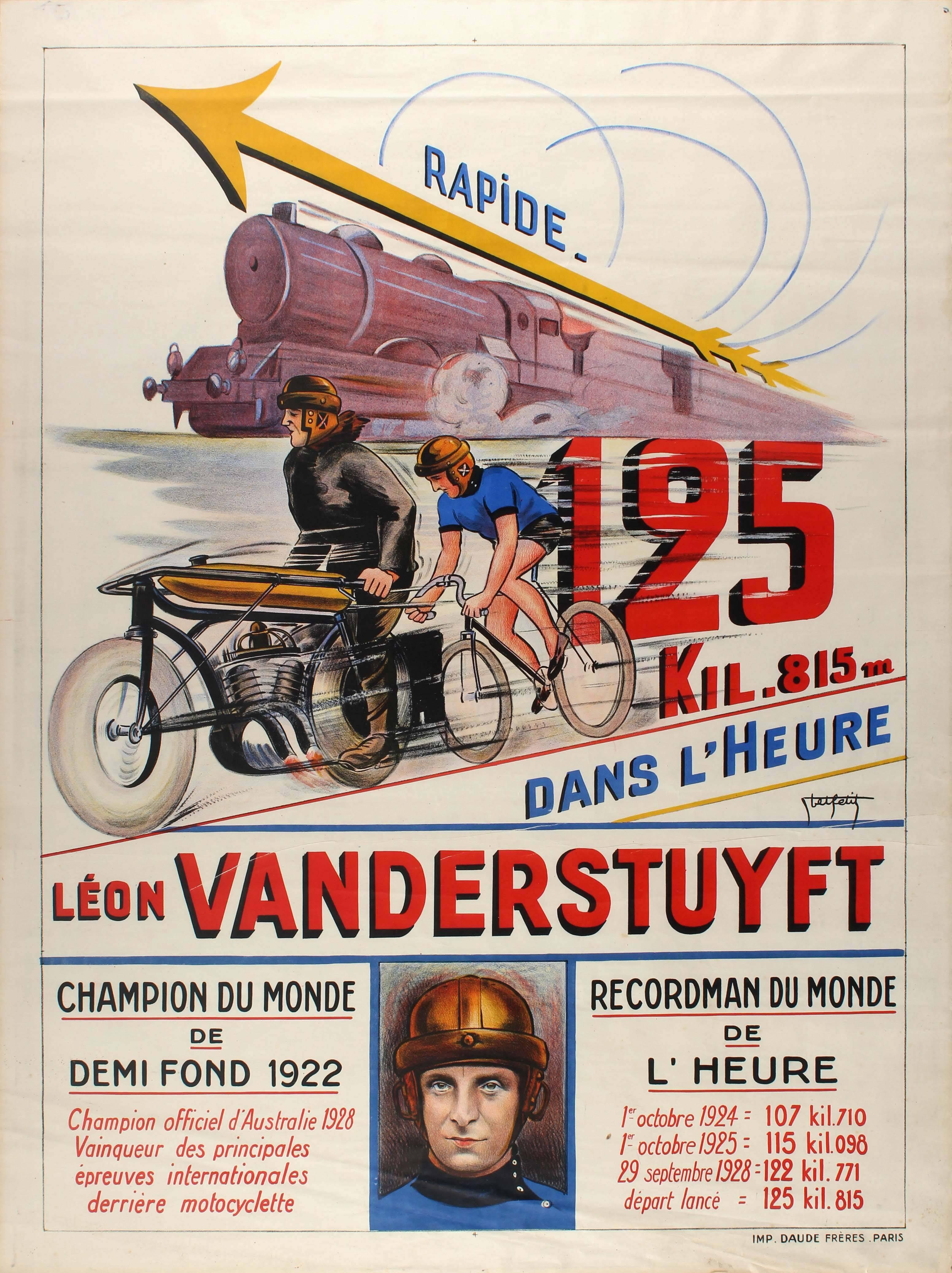 Abel Petit Print - Original Vintage World Record Sport Cycling Poster Featuring Leon Vanderstuyft
