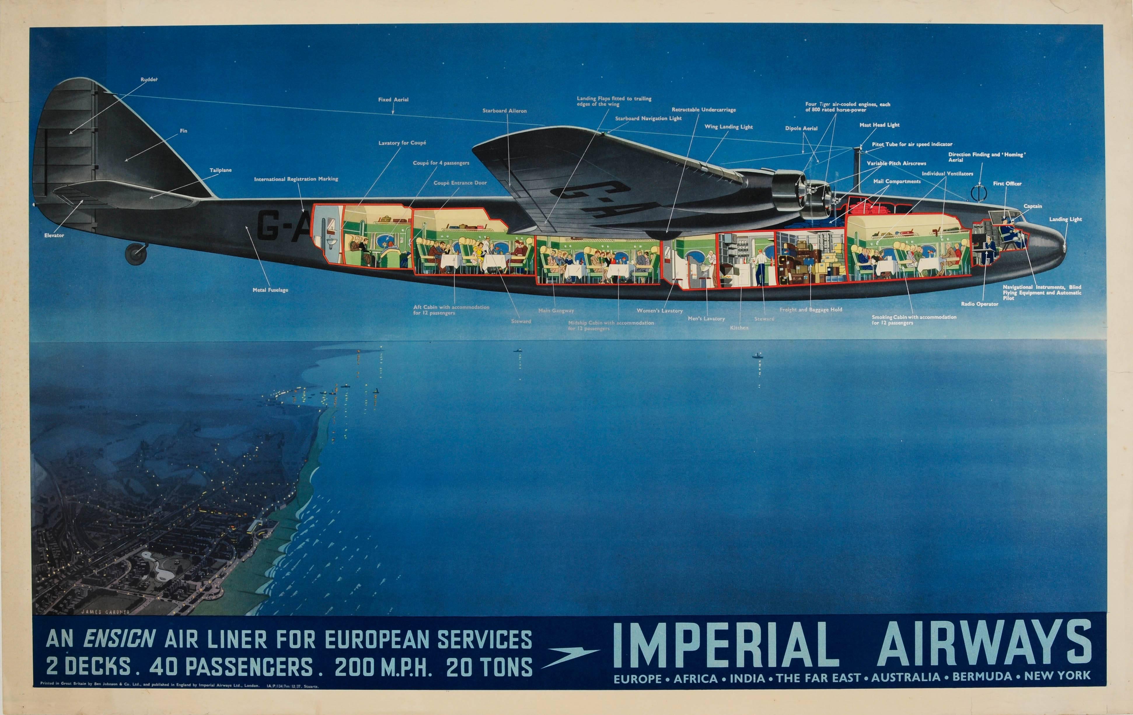 Original Vintage Imperial Airways Ensign Air Liner Travel Advertising Poster