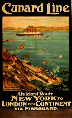 Original Cunard Line Cruise Ship Travel Poster - A Cunarder In Fishguard Harbour