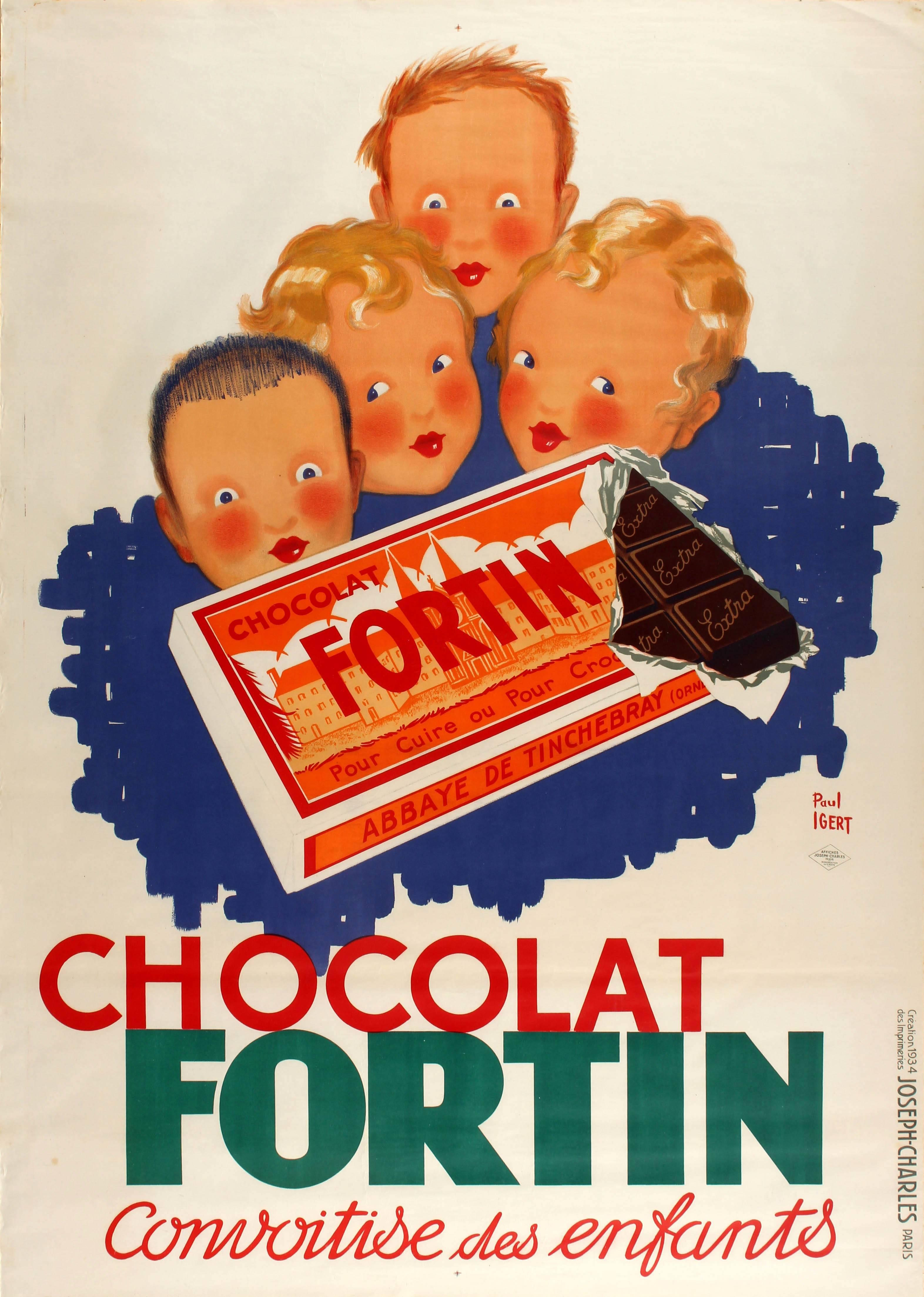 Print de Paul Igert - Cartel grande original de la vendimia para el chocolate Fortin - Deseo de los niños