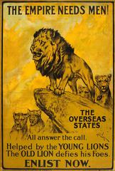 Original Antique World War One Poster: The Empire Needs Men! Young And Old Lions