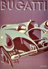 Grande affiche publicitaire Art Déco originale et emblématique de la voiture Bugatti Type 55