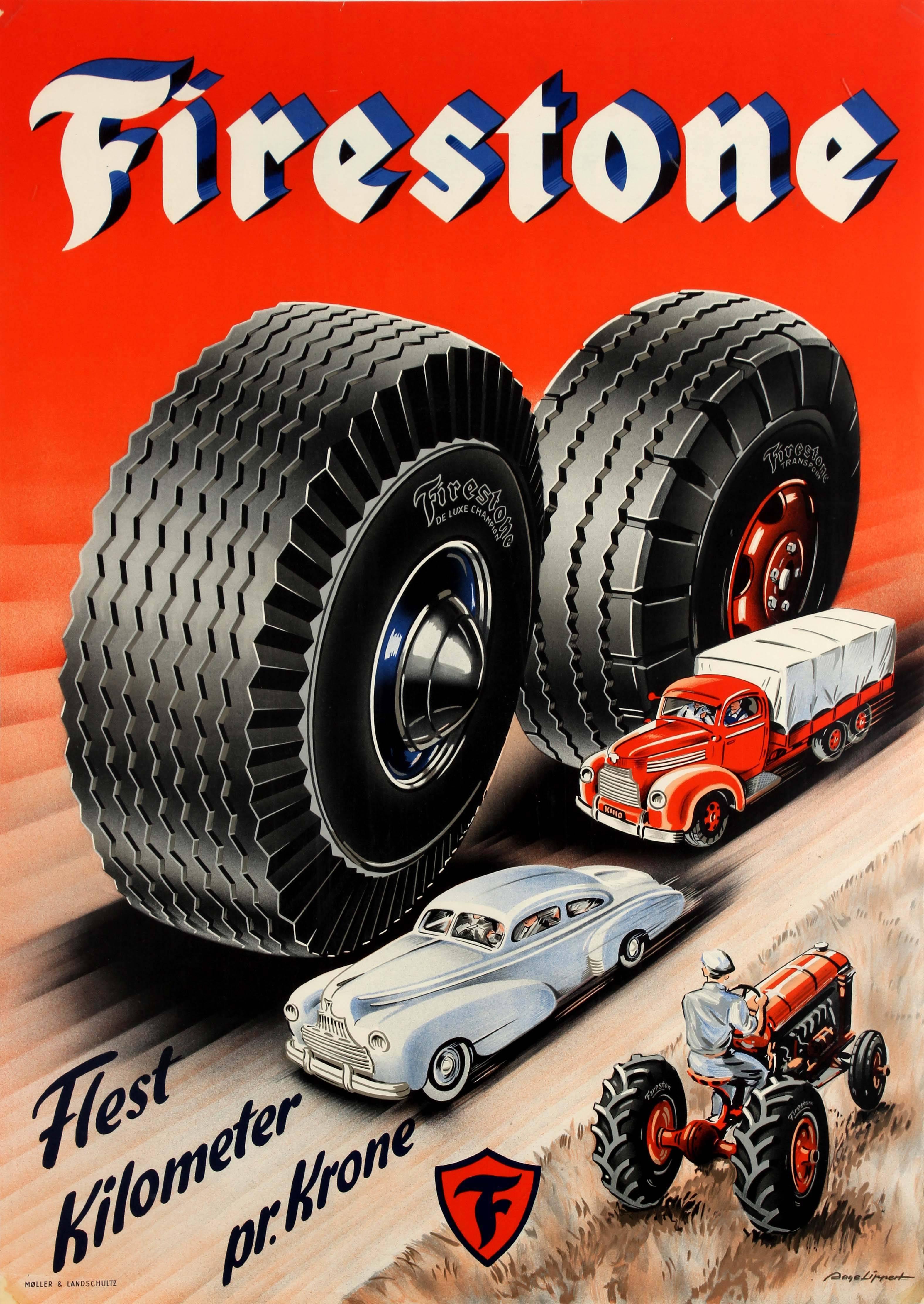 Aage Lippert Print - Original Vintage Advertising Poster Firestone Tires Most Kilometers Per Krone