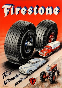 Original Vintage Advertising Poster Firestone Tires Most Kilometers Per Krone