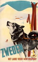 Original Vintage Poster For Sweden - The Country for Winter Sports - Sledge Dog