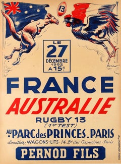 Rare affiche originale d'événements sportifs vintage - France Vs. Match de rugby d'Australie