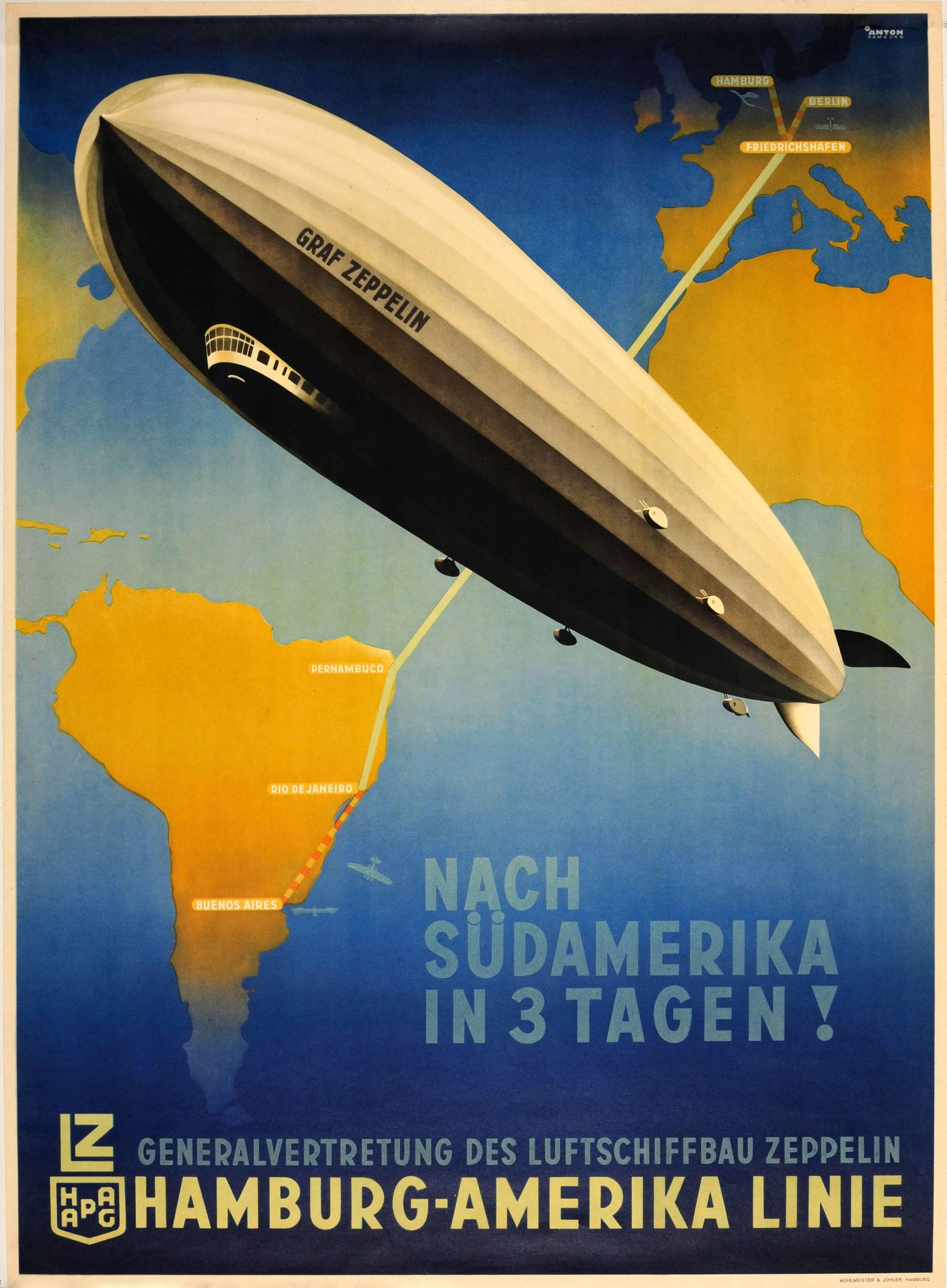 Ottomar Anton Print - Original Hamburg America Line Poster - Graf Zeppelin To South America In 3 Days!