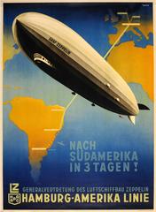 Affiche originale de la Hamburg America Line - Graf Zeppelin en Amérique du Sud en 3 jours !