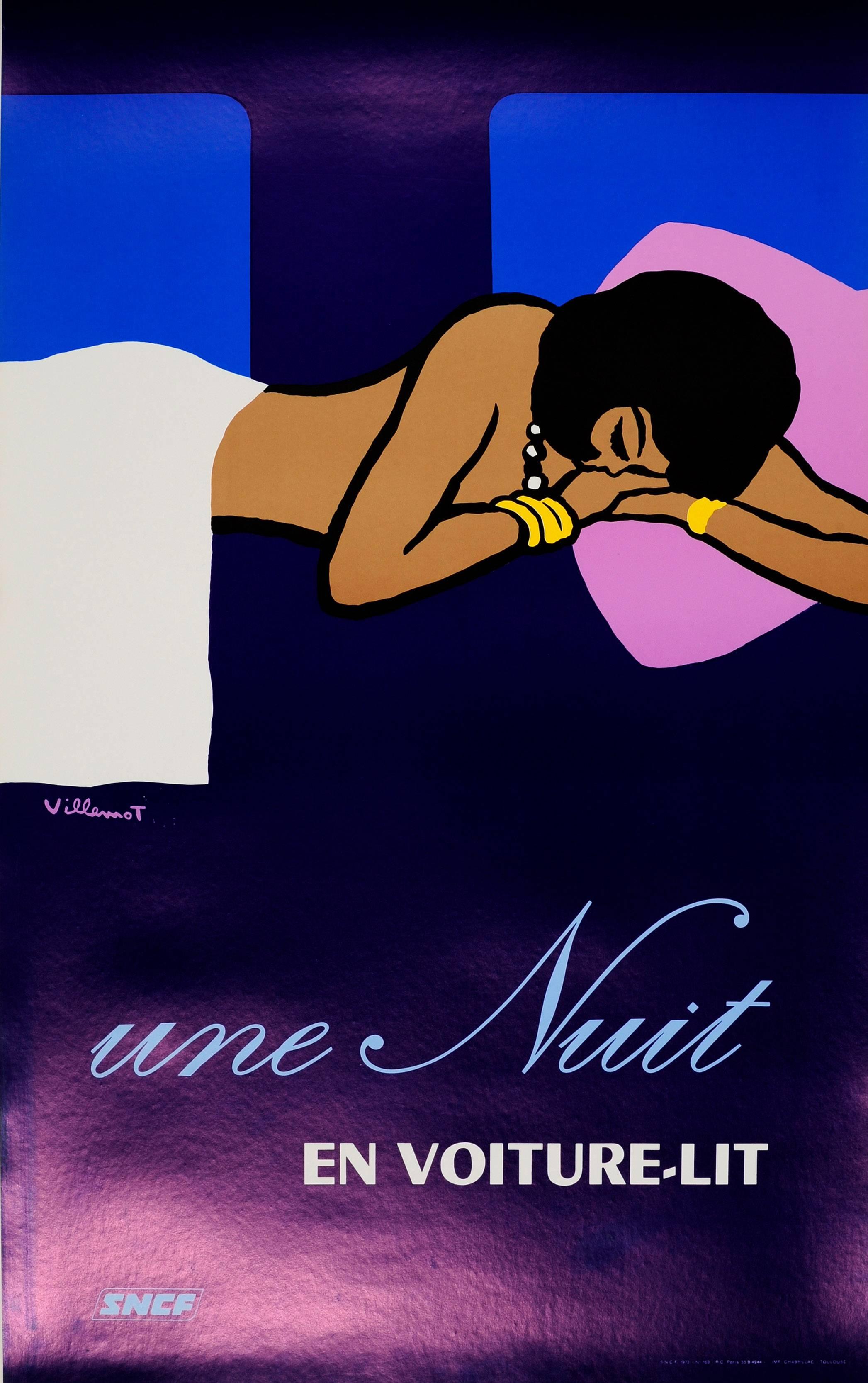Bernard Villemot Nude Print - Original Vintage SNCF Railway Travel Advertising Poster: Une Nuit En Voiture-Lit