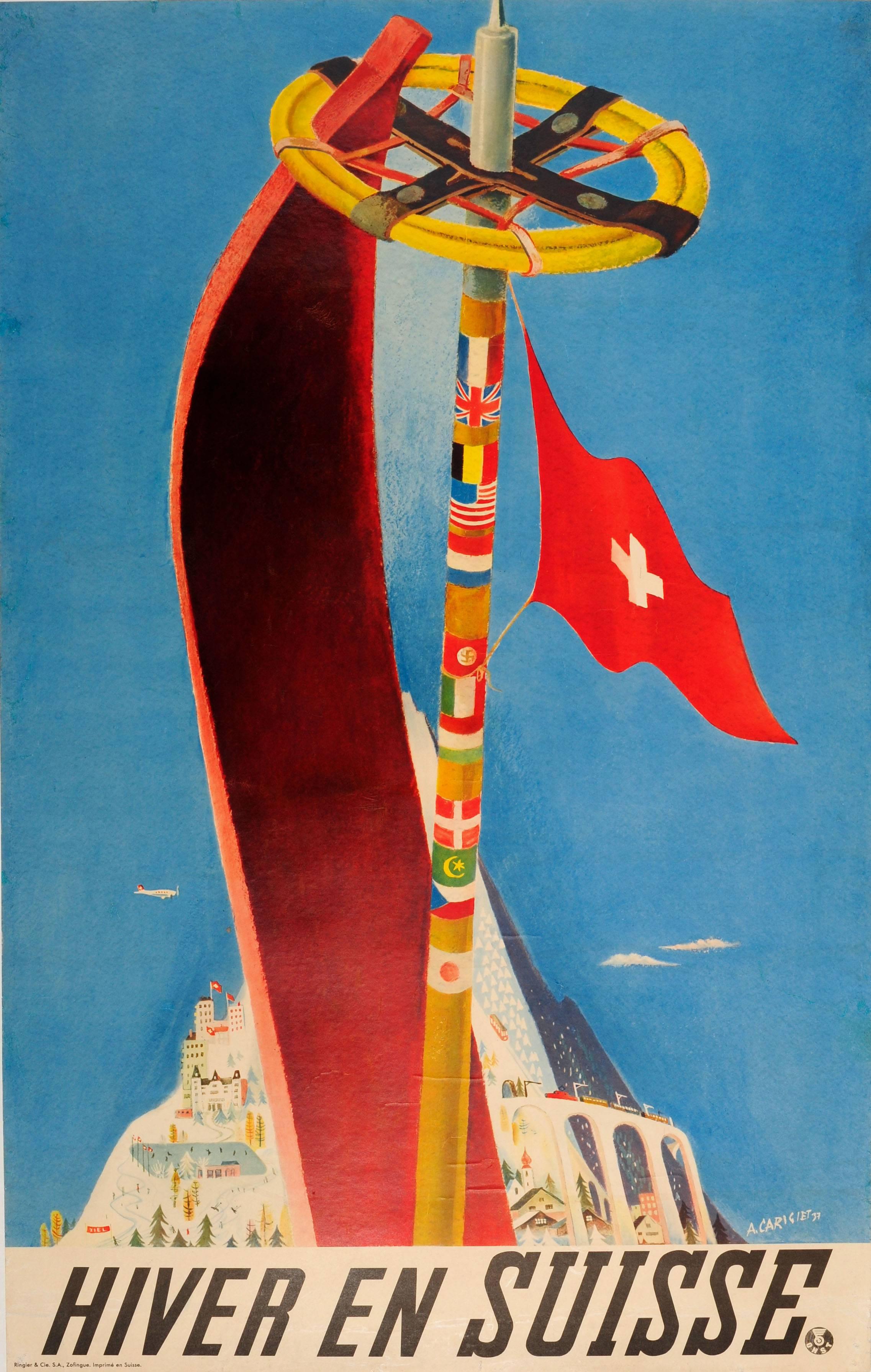 Alois Carigiet Print - Original Vintage Swiss Railways Winter Sport And Skiing Poster - Hiver En Suisse