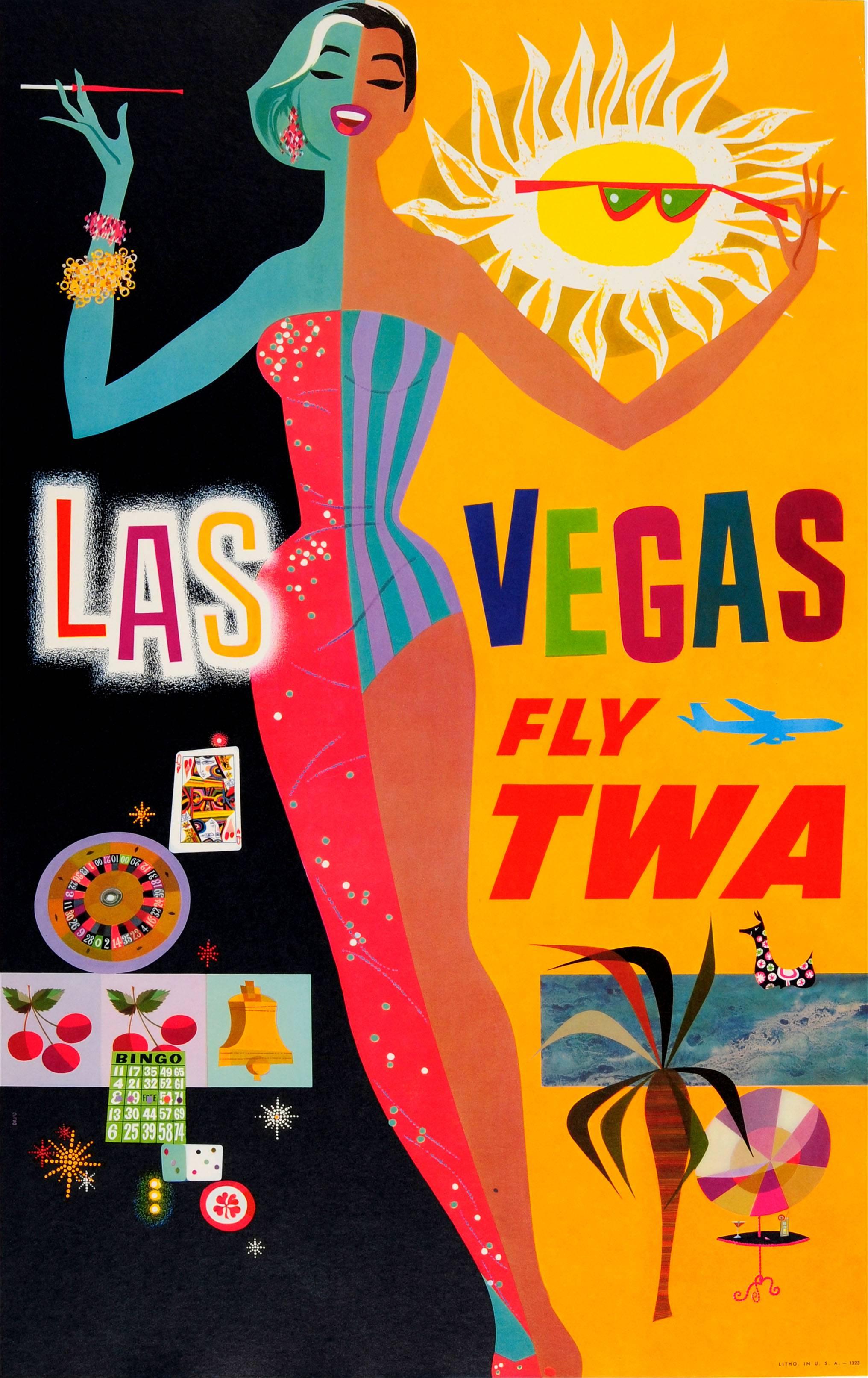 Original vintage travel poster advertising Las Vegas by TWA, Trans World Airlines. Colourful image featuring an elegant lady enjoying Las Vegas during the day and night, her right half wearing a sparkly red evening dress with her right hand holding