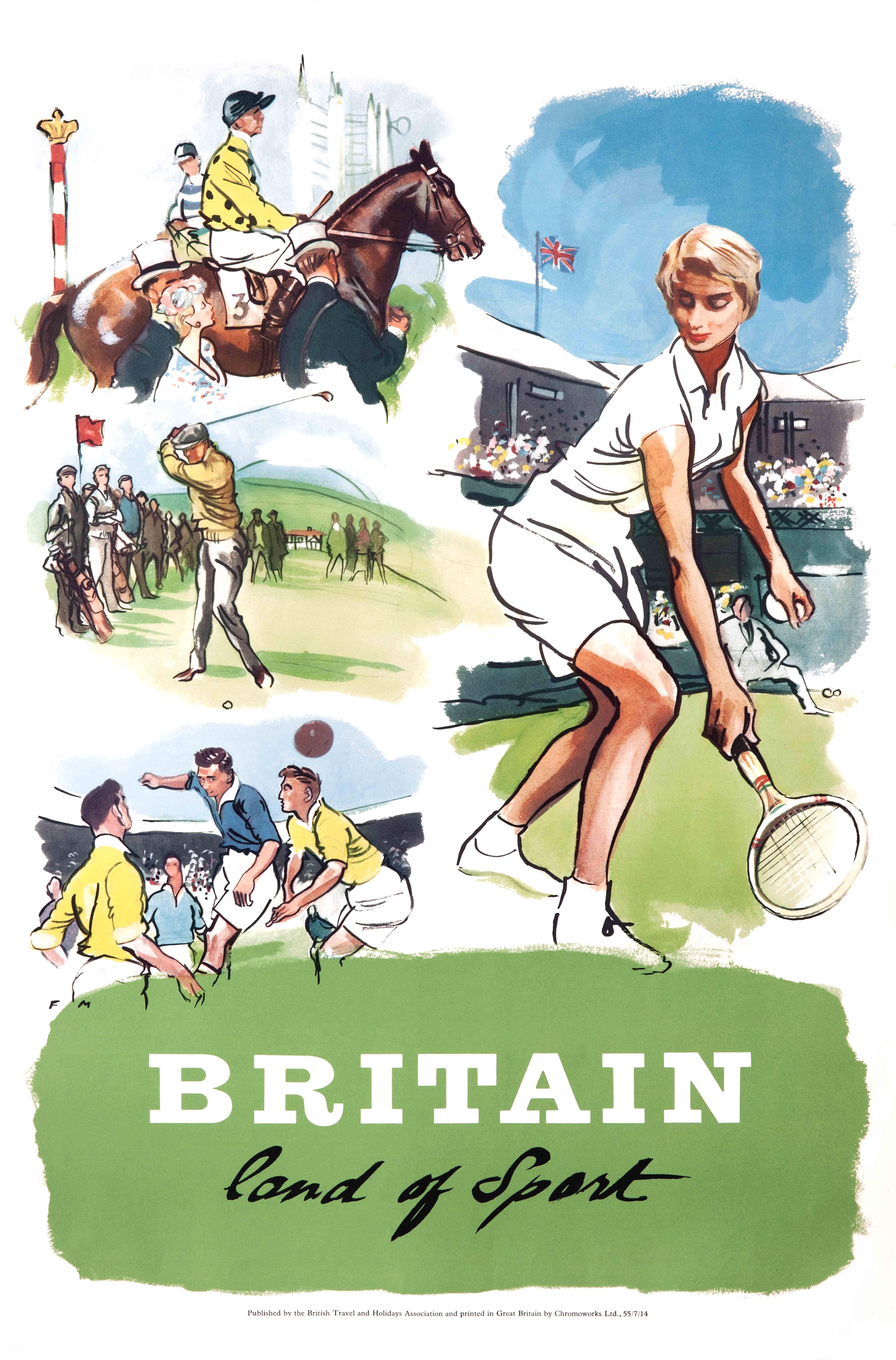 Unknown Print - Original Vintage Poster Britain Land Of Sport Tennis Horse Racing Golf Football