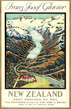 Original Vintage Rail Travel Advertising Poster Franz Josef Glacier New Zealand