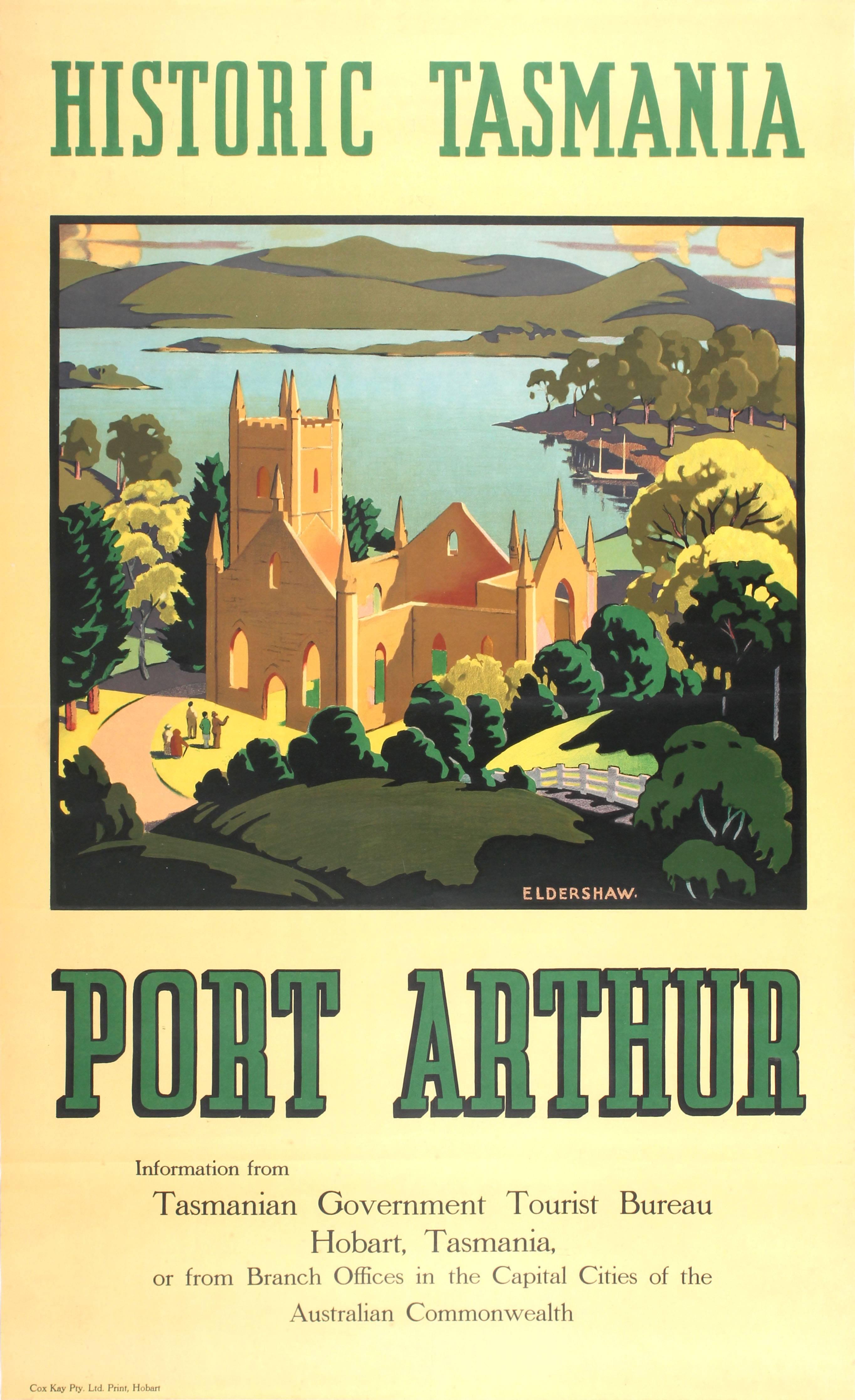 John Eldershaw Print - Original Travel Advertising Poster For Historic Tasmania Port Arthur Australia